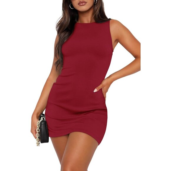Womens Summer Sleeveless Boat Neck Mini L Red Dress Slim Party Bodycon Dress - Picture 1 of 6